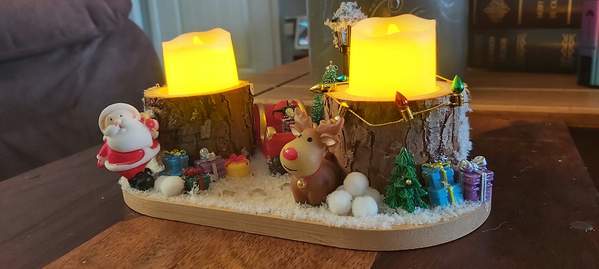 Handmade Christmas Scene Centrepiece with Wooden Pillar Candle Holders photo 5