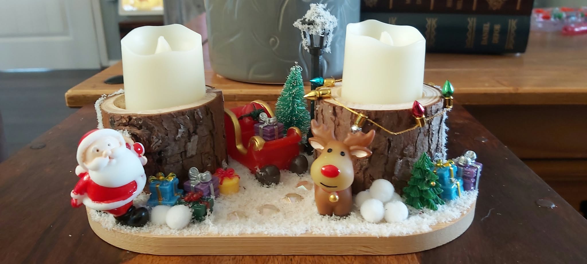 Handmade Christmas Scene Centrepiece with Wooden Pillar Candle Holders photo 4