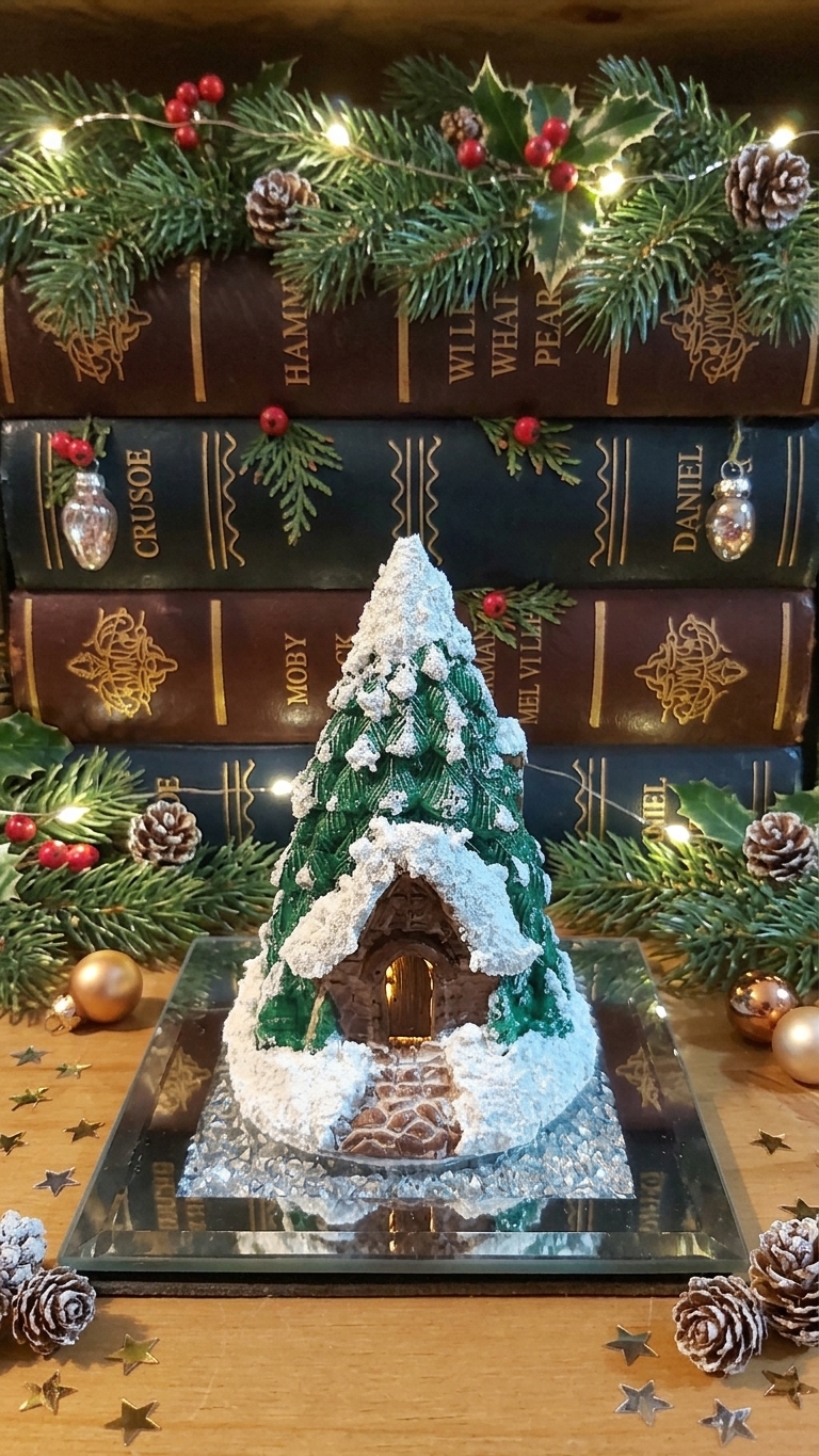 Handmade Snowy Pine Tree House Sculpture