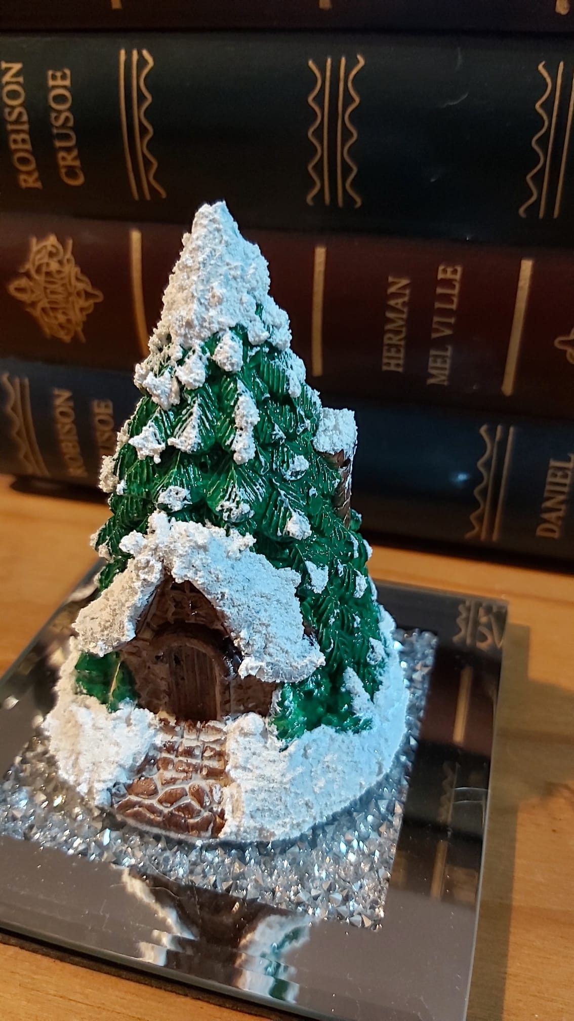 Handmade Snowy Pine Tree House Sculpture photo 3