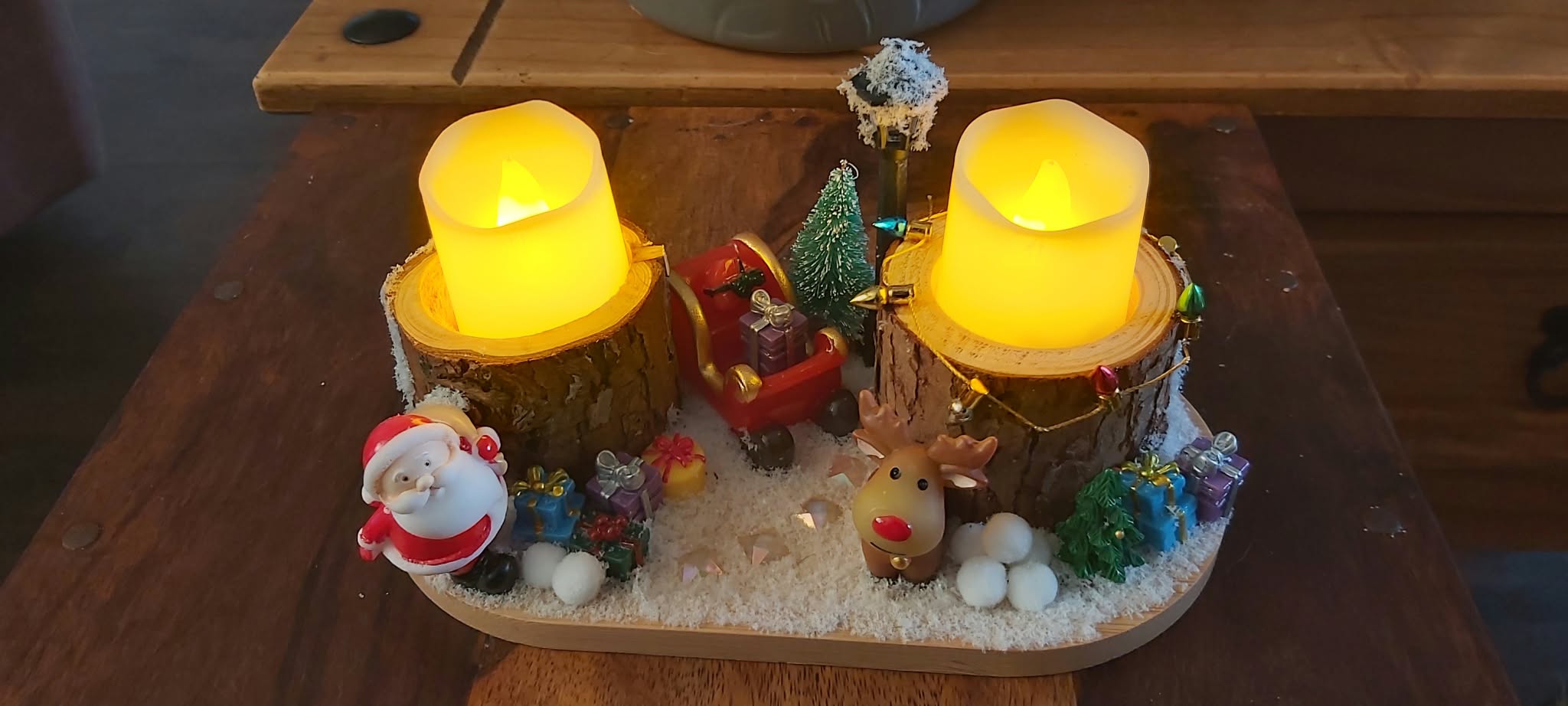 Handmade Christmas Scene Centrepiece with Wooden Pillar Candle Holders photo 3