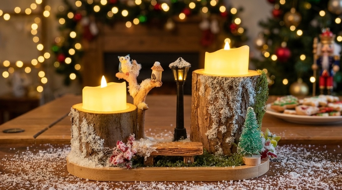 Handmade Snowy Woodland Christmas Candle Display