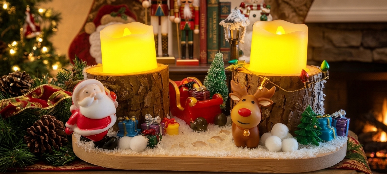 Handmade Christmas Scene Centrepiece with Wooden Pillar Candle Holders