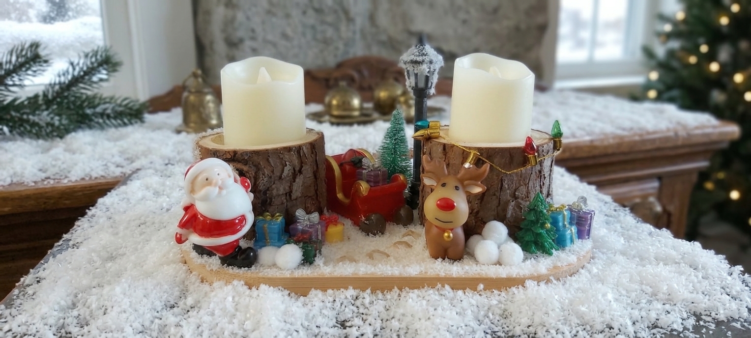 Handmade Christmas Scene Centrepiece with Wooden Pillar Candle Holders photo 2